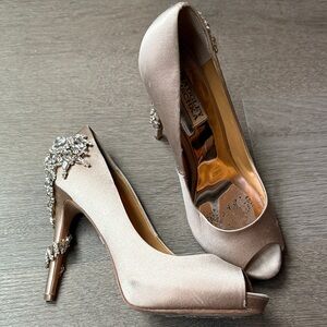 Badgley Mischka Champagne Satin Embellished Peep-Toe Heels